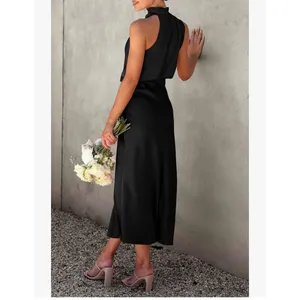 NEW Satin Elegant Sleeveless Mock Neck Cocktail Maxi Dress L thumbnail 2