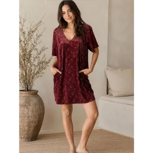 Natural Life Velvet Mini Dress Small Burgundy Floral Oversized Pocket Tunic thumbnail 6