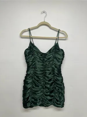Lucy in the Sky Satin Ruched Dress in Deep Green thumbnail 4