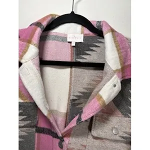 Entro Shacket Pink Aztec Plaid Colorblock Button Front Southwestern Boho Large thumbnail 4