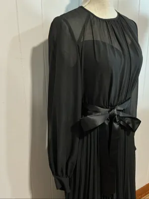 Chiffon Black Long-Sleeve Pleated Maxi Dress with Satin Waist Tie thumbnail 4