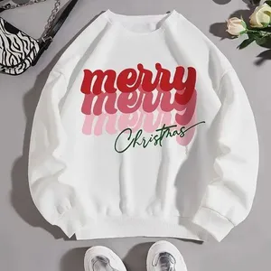 Women’s L/G White Holiday Crewneck Merry Christmas Red Print Unisex Large NEW thumbnail 1