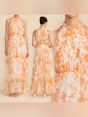 Lucy Paris Mari Orange Floral Tiered Halter Maxi Dress XS NWT $130 thumbnail 2