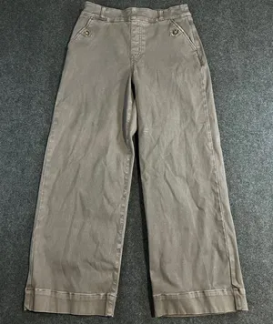 Spanx Stretch Twill Wide Leg Crop Pants Taupe Brown High Rise Button Detail M thumbnail 1