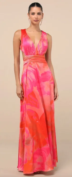 Lulus Dedra Pink and Orange Abstract Pleated Maxi Dress Formal Satin Large NWT thumbnail 1