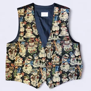 Vintage Granny Cottage core Tapestry Snowman Plaid Tartan Tie Back Christmas Vest Jacket Sleeveless All Over Pring #Grandmacore #festive #retro #preppy #Whimsy Measurement in pics thumbnail 1