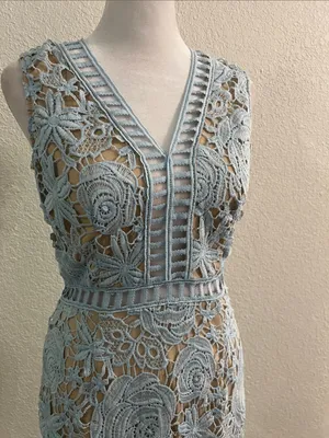 Aqua Light Blue Floral Lace Midi Dress thumbnail 2