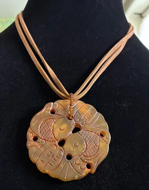 Carved Faux Stone Fish Yin Yang Style Necklace 17-19” thumbnail 1