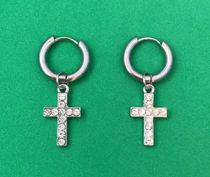 925 Silver Plated Cross Dangle Drop Earrings for Men Women,Cross Earrings,Hoop Earrings,Punk Hip Hop Earrings thumbnail 1