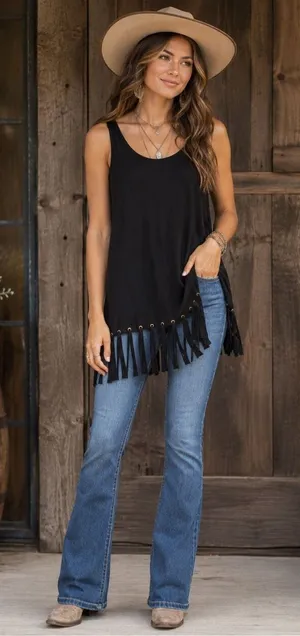 Seventh Avenue Black Sleeveless Tunic Top Fringe Hem Gold Grommet Detail Size M thumbnail 1