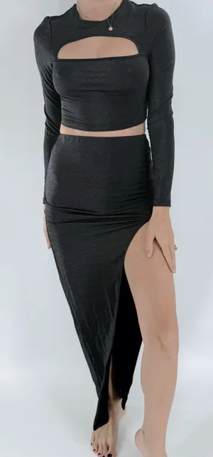 Women’s Black Cutout Long Sleeve Crop Top & High Slit Maxi Skirt Set Size Small thumbnail 1
