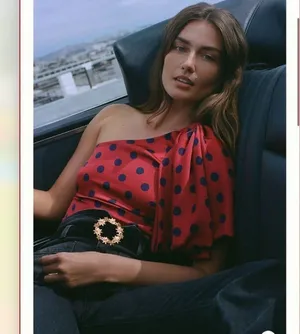 Sachin & Babi | Anthropologie Polka Dot One Shoulder Blouse in Red thumbnail 2