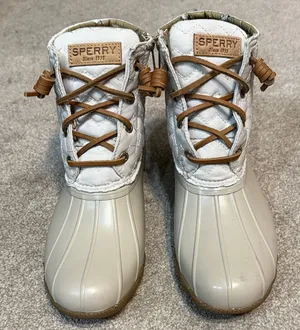 Sperry Women's White and Tan Lace Up Duck Boots Size 7.5 thumbnail 1