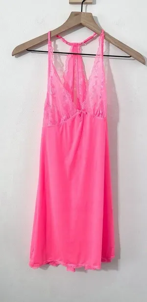 Victoria’s Secret Neon Pink Lace Babydoll Slip Lingerie Sexy Valentines Day Sm thumbnail 1