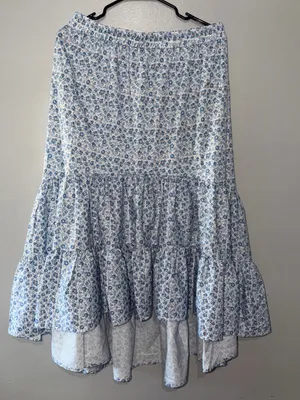 FASHION Floral Tiered Maxi Skirt Blue Boho Cottagecore Cottage Elastic Waist L thumbnail 1