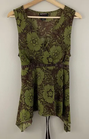 Hot Tempered Y2K Olive Green Brown Floral Paisley Mesh V Neck Asymmetrical Tank thumbnail 3