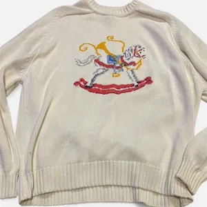 Lands’ End 100% cotton knit sweater with rocking horse. Size L novelty print thumbnail 1