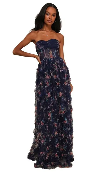 Dressalisa Maxi Gown Womens S Navy Gently Used Floral‎ Corset Tiered Ruffle Mesh thumbnail 1