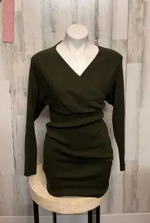 Love Always Olive Green Wrap Mini Dress Size MED Long Sleeve Bodycon Tie Waist V thumbnail 1