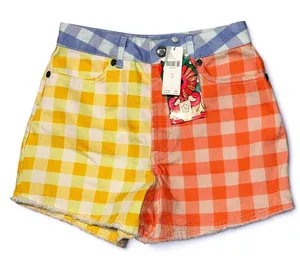 Farm Rio Anthropologie Gingham Colorblock Denim Shorts Yellow Orange Blue XS NWT thumbnail 1