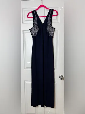 Vintage Cache Women's Evening Dress Navy Blue Maxi Beaded Chest XL Stretch Rayon thumbnail 7