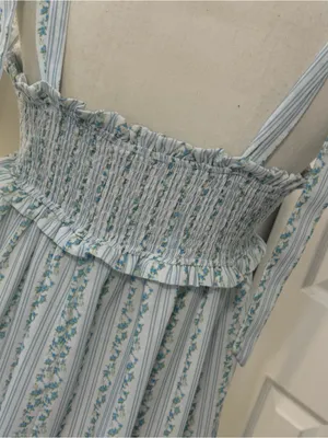 Ivory & Blue Floral Striped Smocked Tie-Shoulder Maxi Dress | Size Large thumbnail 9