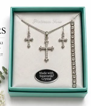 Swarovski Crystal Cross Necklace & Earrings Gift Set Silver Tone NIB thumbnail 1