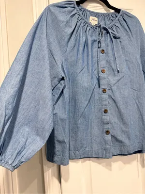 J. Crew Size S Blue Chambray Denim Bow Button Peasant Tie Sleeve Boho Top Blouse thumbnail 5