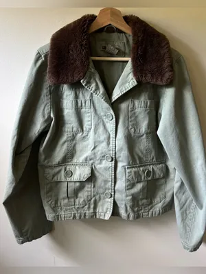 Olive Green Cotton Jacket with Brown Faux Fur Collar Size L thumbnail 1