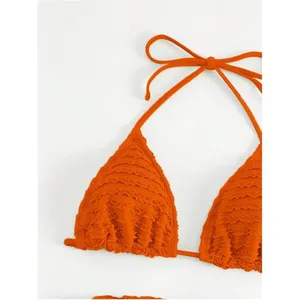Women's 3 Piece Swimsuit Halter Triangle String Bikini Set Orange LARGE thumbnail 3