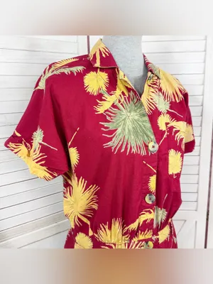 Free People Malibu‎ Tropical Palm Leaf Romper Maroon Red Yellow Small Campy thumbnail 6