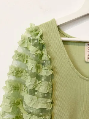 Anthropologie Dolan Puff Sleeved Blouse Size‎ Medium Green Polka Dot Ruffle Coquette Fairycore thumbnail 4