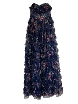 NWT Lulus Stunning Element Navy Floral Mesh Ruffled Strapless Maxi Dress - Small thumbnail 2