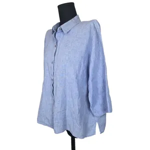 Eileen Fisher 100% Organic Linen Blue Button Down Top Size L Half Sleeve Boxy thumbnail 2