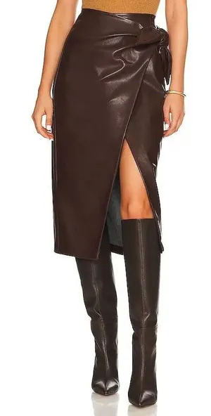 Enza Costa Vegan Leather High Waisted Wrap Midi Skirt Chocolate Brown 0 thumbnail 1