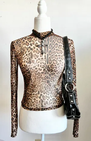 Mesh‎ Leopard Print Top, Soft Grunge Indie Sleaze Mall Goth 2000s Small thumbnail 1