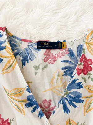 Polo Ralph Lauren 100% Linen Floral Puff Sleeve Midi Dress Women's Size 14 thumbnail 2