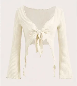 SheIn Y2K Emo Tie Front Shrug XS Cream Balletcore Bell Sleeve Cropped Bolero Coquette thumbnail 1