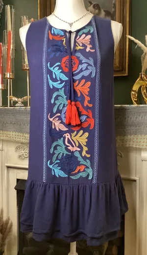 THML‎ Navy Blue Embroidered Tassel Sleeveless Ruffle Hem Dress FTM703 Small thumbnail 1