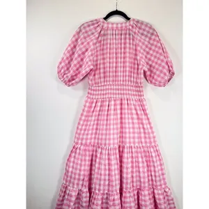 Entro Midi Dress Pink Tiered Gingham V Neck Puff Sleeve Smocked A Line Medium thumbnail 7