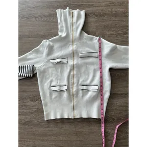 Marc New York Turtleneck Sweater Womens M Ivory White Full Zip Black Stripe Knit thumbnail 12