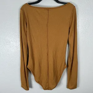 Free People Intimately Sloane Henley Bodysuit Sz Medium Snap Thumbholes Mustard thumbnail 4