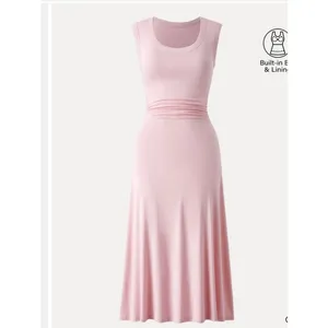 OGL Scoop Neck Side Ruched New Airy Bra Midi Dress Light Pink Size L NWT thumbnail 6