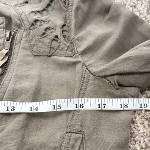 Free People Moto Jacket Women 4 Brown Olive Eyelet Embroidered Linen Cotton thumbnail 11