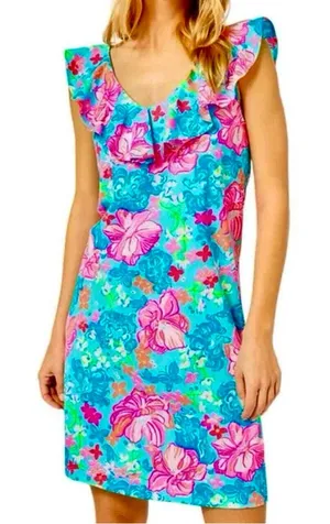Lilly Pulitzer Alessa Cotton Dress in Surf Blue Luscious Lions Size M thumbnail 1