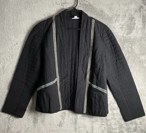 J. Jill Black‎ Quilted Seersucker Jacket Embroidered Trim Pockets Boho Chic XS thumbnail 1