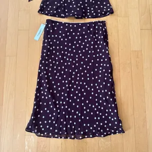 Princess Polly Sydni chocolate brown and pink polka dot scarf strapless top and midi skirt set thumbnail 4