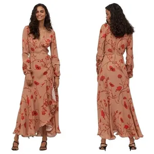 Johanna Ortiz x H&M Floral Wrap Maxi Dress Orange Red Poppy L Long Sleeve Ruffle thumbnail 2