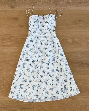 Reformation Midi Dress Floral Linen Christen Size 0 White Blue thumbnail 1