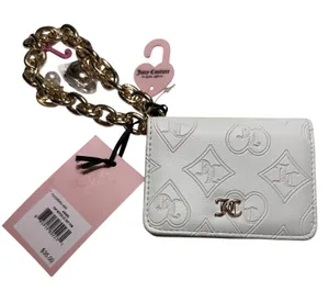 Juicy Couture White Heart Debossed Card Case Wallet‎ Key Fob Gold Chain NWT Y2K thumbnail 1